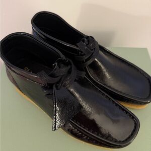 Black Patent Leather Women’s Wallabee Boots - Brand: Clarks